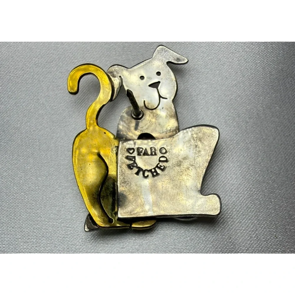 Vintage Far Fetched Cat and Dog Stick Pin Mixed Metal Brass Silver Tone Artisan